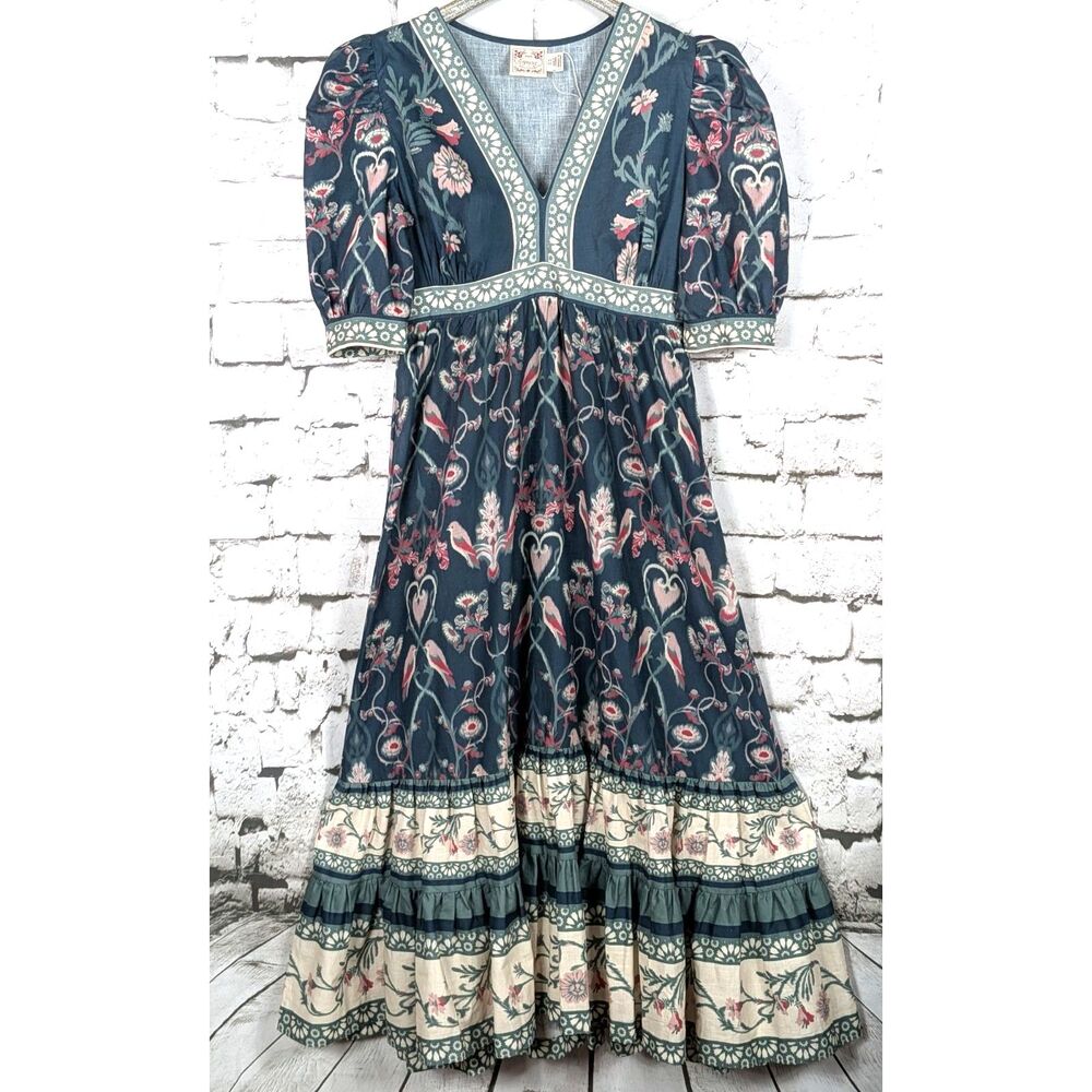 ESPECIA Love Birds Print Bohemian Maxi Dress Cottage Romantic Feminine Medium
